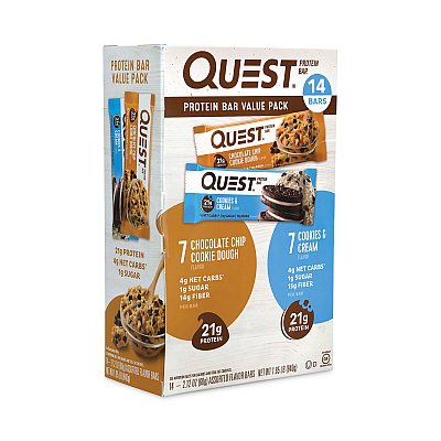 Quest Protein Bar Value Pack, Chocolate Chip Cookie Dough, Cookies and Cream, 2.12 oz Bar, 14/Carton (GRR22000966)