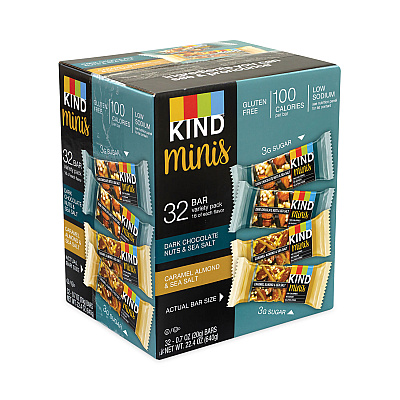 KIND Minis, Dark Chocolate Nuts Sea Salt/Caramel Almond Nuts Sea Salt, 0.7 oz Bar, 32 Bars/Carton (GRR22000799)