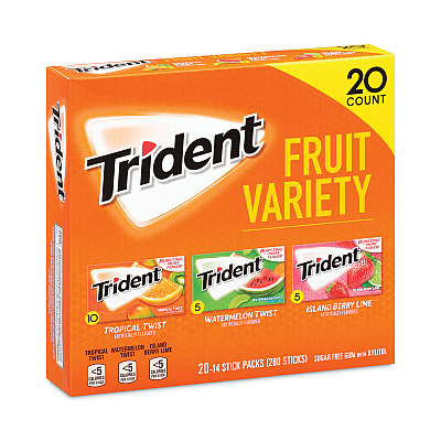 Trident Sugar-Free Gum, Fruit Variety, 14 Pieces/Pack, 20 Packs/Carton (GRR22000891)