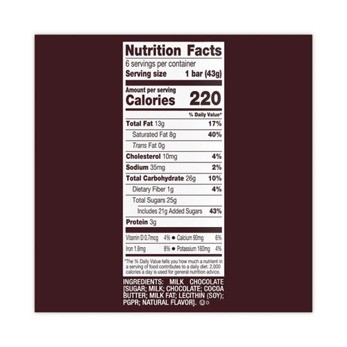 Hershey's Milk Chocolate Bar, 1.55 oz Bar, 6 Bars/Pack, 2 Packs/Box, Ships in 1-3 Business Days (24601029)