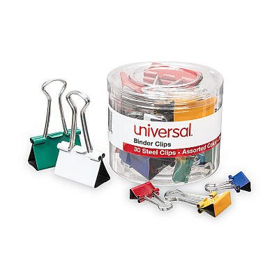 Universal Binder Clips with Storage Tub, (12) Mini (0.5"), (12) Small (0.75"), (6) Medium (1.25"), Assorted Colors (UNV31026)