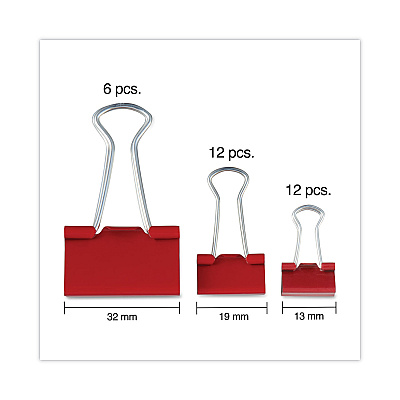 Universal Binder Clips with Storage Tub, (12) Mini (0.5"), (12) Small (0.75"), (6) Medium (1.25"), Assorted Colors (UNV31026)