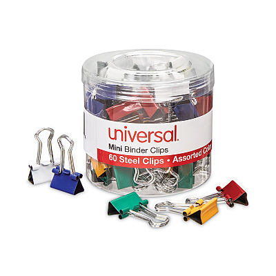 Universal Binder Clips with Storage Tub, Mini, Assorted Colors, 60/Pack (UNV31027)