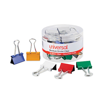 Universal Binder Clips with Storage Tub, Medium, Assorted Colors, 24/Pack (UNV31029)