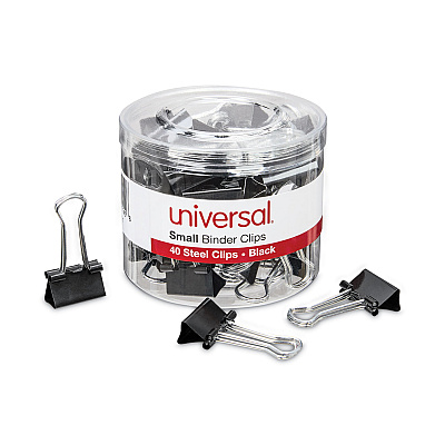 Universal Binder Clips with Storage Tub, Small, Black/Silver, 40/Pack (UNV11140)