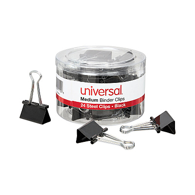 Universal Binder Clips with Storage Tub, Medium, Black/Silver, 24/Pack (UNV11124)