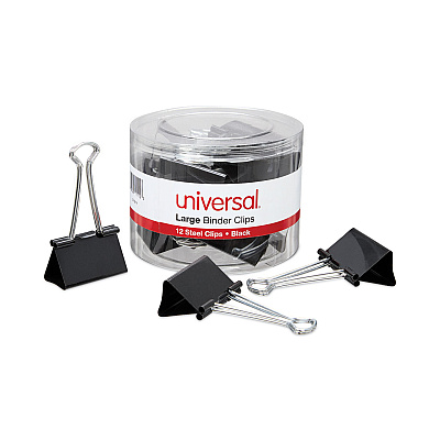 Universal Binder Clips with Storage Tub, Large, Black/Silver, 12/Pack (UNV11112)