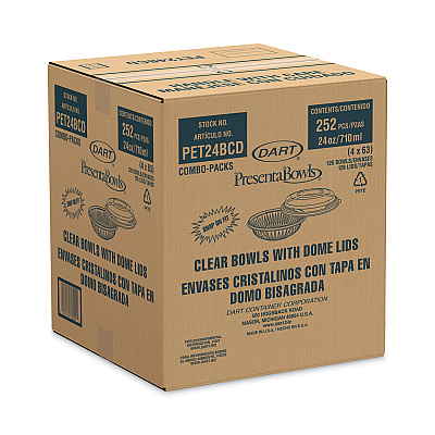 Dart PresentaBowls Bowl/Lid Combo-Paks, 24 oz, 7.25 Diameter x 2.38 h, Clear, Plastic, 63/Pack, 2 Pack/Carton (DCCPET24BCD)