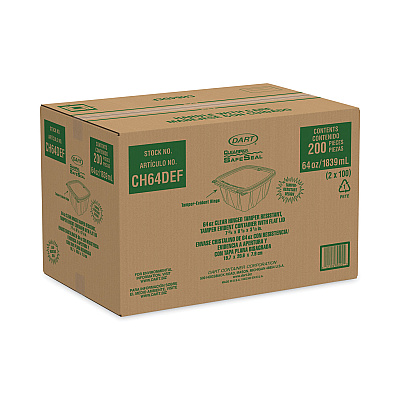 Dart ClearPac SafeSeal Tamper-Resistant/Evident Containers, Flat Lid, 64 oz, 8.1 x 7.8 x 3.3, Clear, Plastic, 100/Bag, 2 Bags/CT (DCCCH64DEF)