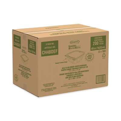 Dart ClearPac SafeSeal Tamper-Resistant/Evident Containers, Flat Lid, 48 oz, 7.8 x 8.1 x 2.5, Clear, Plastic, 100/Bag, 2 Bags/CT (DCCCH48DEF)