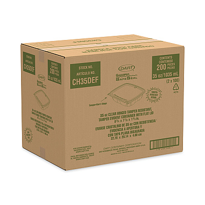 Dart ClearPac SafeSeal Tamper-Resistant/Evident Containers, Flat Lid, 35 oz, 7.9 x 8.8 x 1.8, Clear, Plastic, 100/Bag, 2 Bags/CT (DCCCH35DEF)