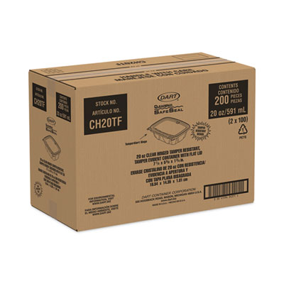 Dart ClearPac SafeSeal Tamper-Resistant, Tamper-Evident Containers, Tall, Flat Lid, 20 oz, 5.7 x 7.3 x 1.8, Clear, Plastic, 200/CT (DCCCH20TF)