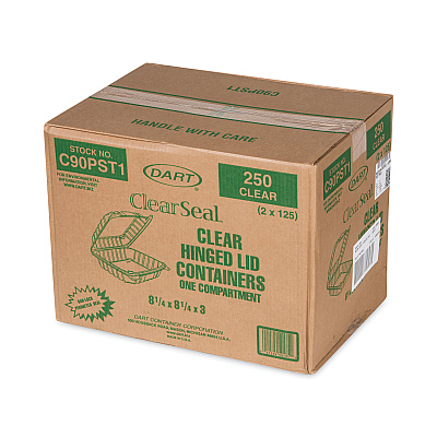 Dart ClearSeal Hinged-Lid Plastic Containers, 8.3 x 8.3 x 3, Clear, Plastic, 250/Carton (DCCC90PST1)