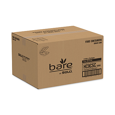 Solo Bare Eco-Forward Bagasse Hinged Lid Containers, ProPlanet Seal, 3-Compartment, 9.6 x 9.4 x 3.2, Ivory, Sugarcane, 200/Carton (SCCHC9CSC2050)