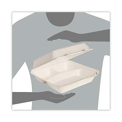 Solo Bare Eco-Forward Bagasse Hinged Lid Containers, ProPlanet Seal, 3-Compartment, 9.6 x 9.4 x 3.2, Ivory, Sugarcane, 200/Carton (SCCHC9CSC2050)