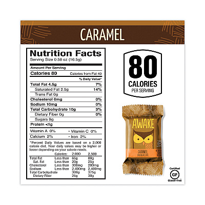Awake Caffeinated Caramel Chocolate Bites, 0.58 oz Bars, 50 Bars/Carton (GRR30700315)