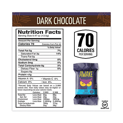 Awake Caffeinated Dark Chocolate Bites, 0.47 oz Bars, 50 Bars/Carton (GRR30700314)