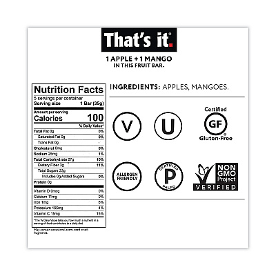 Thats it Nutrition Bar, Gluten Free Apple and Mango Fruit, 1.2 oz Bar, 12/Carton (GRR30700257)