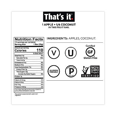 Thats it Nutrition Bar, Gluten Free Apple and Coconut Fruit, 1.2 oz Bar, 12/Carton (GRR30700256)