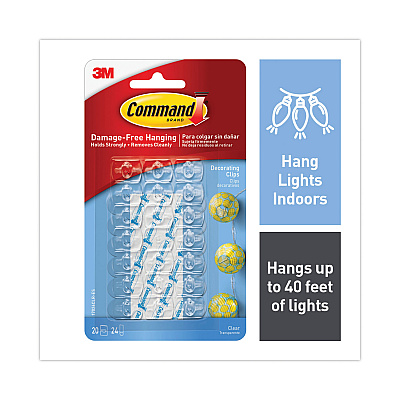 Command Clear Hooks and Strips, Decorating Clips, Plastic, 0.1 lb Capacity, 20 Clips and 24 Strips/Pack (MMM17026CLRES)
