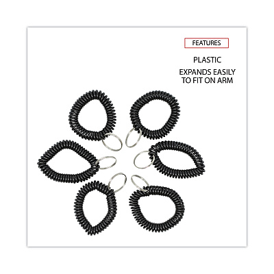 Universal Wrist Coil Plus Key Ring, Plastic, Black, 6/Pack (UNV56050)