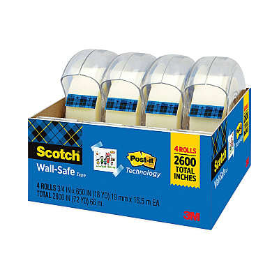 Scotch Wall-Safe Tape with Dispenser, 1" Core, 0.75" x 54.17 ft, Clear, 4/Pack (MMM4183)