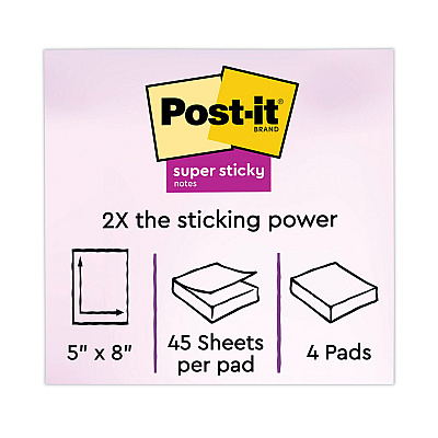 Post-it Notes Super Sticky Pads in Energy Boost Collection Colors, Note Ruled, 5" x 8", 45 Sheets/Pad, 4 Pads/Pack (MMM5845SSUC)