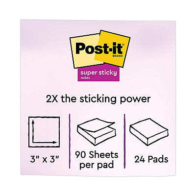 Post-it Notes Super Sticky Self-Stick Notes Office Pack, 3" x 3", Supernova Neons Collection Colors, 90 Sheets/Pad, 24 Pads/Pack (MMM65424SSCYM)