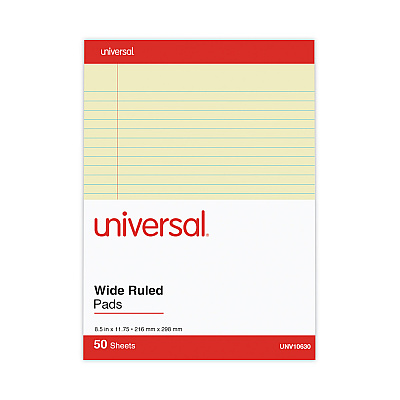 Universal Perforated Ruled Writing Pads, Wide/Legal Rule, Red Headband, 50 Canary-Yellow 8.5 x 11.75 Sheets, Dozen (UNV10630)