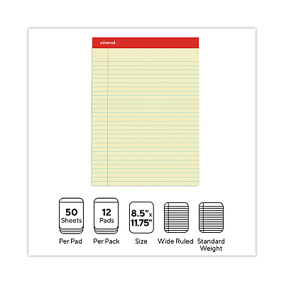 Universal Perforated Ruled Writing Pads, Wide/Legal Rule, Red Headband, 50 Canary-Yellow 8.5 x 11.75 Sheets, Dozen (UNV10630)