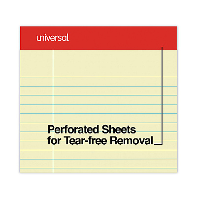 Universal Perforated Ruled Writing Pads, Wide/Legal Rule, Red Headband, 50 Canary-Yellow 8.5 x 11.75 Sheets, Dozen (UNV10630)
