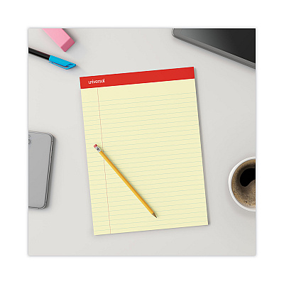 Universal Perforated Ruled Writing Pads, Wide/Legal Rule, Red Headband, 50 Canary-Yellow 8.5 x 11.75 Sheets, Dozen (UNV10630)