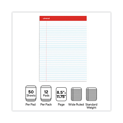 Universal Perforated Ruled Writing Pads, Wide/Legal Rule, Red Headband, 50 White 8.5 x 11.75 Sheets, Dozen (UNV20630)