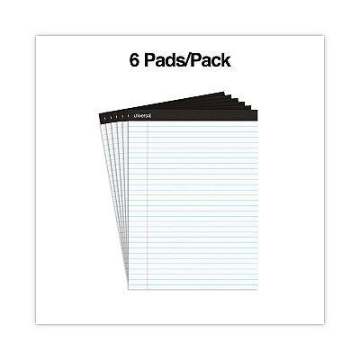 Universal Premium Ruled Writing Pads with Heavy-Duty Back, Wide/Legal Rule, Black Headband, 50 White 8.5 x 11 Sheets, 6/Pack (UNV30630)