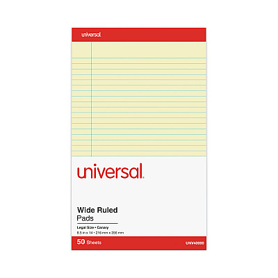 Universal Perforated Ruled Writing Pads, Wide/Legal Rule, Red Headband, 50 Canary-Yellow 8.5 x 14 Sheets, Dozen (UNV40000)