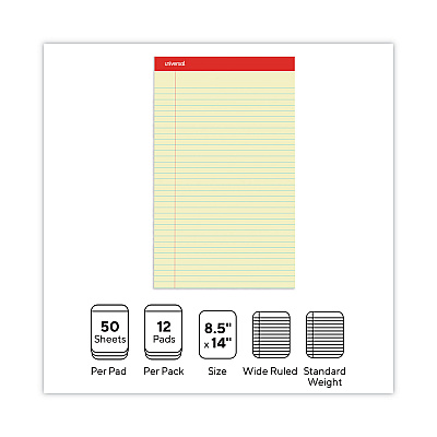 Universal Perforated Ruled Writing Pads, Wide/Legal Rule, Red Headband, 50 Canary-Yellow 8.5 x 14 Sheets, Dozen (UNV40000)