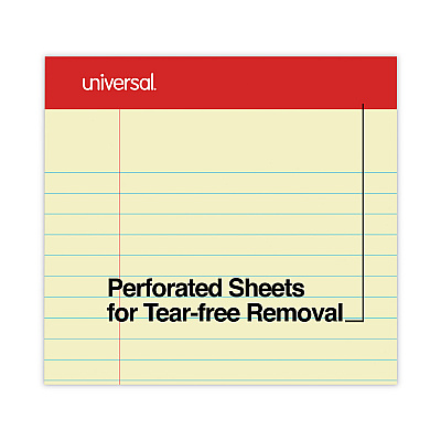 Universal Perforated Ruled Writing Pads, Wide/Legal Rule, Red Headband, 50 Canary-Yellow 8.5 x 14 Sheets, Dozen (UNV40000)