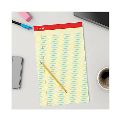 Universal Perforated Ruled Writing Pads, Wide/Legal Rule, Red Headband, 50 Canary-Yellow 8.5 x 14 Sheets, Dozen (UNV40000)