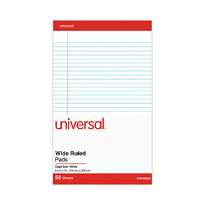 Universal Perforated Ruled Writing Pads, Wide/Legal Rule, Red Headband, 50 White 8.5 x 14 Sheets, Dozen (UNV45000)
