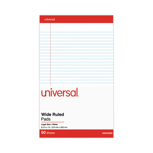 Universal Perforated Ruled Writing Pads, Wide/Legal Rule, Red Headband, 50 White 8.5 x 14 Sheets, Dozen (45000)
