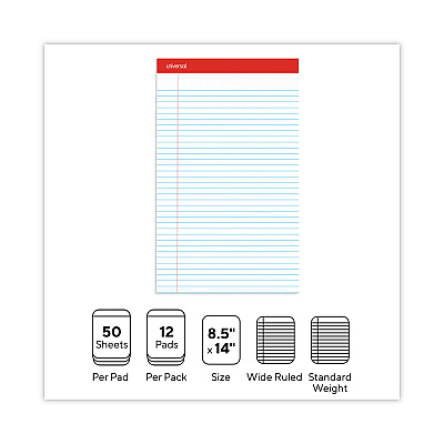 Universal Perforated Ruled Writing Pads, Wide/Legal Rule, Red Headband, 50 White 8.5 x 14 Sheets, Dozen (UNV45000)