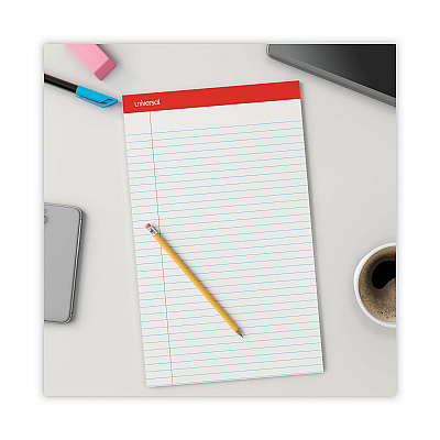 Universal Perforated Ruled Writing Pads, Wide/Legal Rule, Red Headband, 50 White 8.5 x 14 Sheets, Dozen (UNV45000)