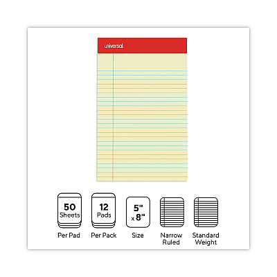Universal Perforated Ruled Writing Pads, Narrow Rule, Red Headband, 50 Canary-Yellow 5 x 8 Sheets, Dozen (UNV46200)