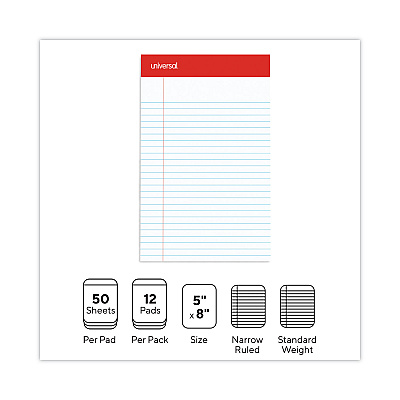 Universal Perforated Ruled Writing Pads, Narrow Rule, Red Headband, 50 White 5 x 8 Sheets, Dozen (UNV46300)