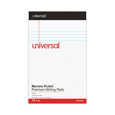 Universal Premium Ruled Writing Pads with Heavy-Duty Back, Narrow Rule, Black Headband, 50 White 5 x 8 Sheets, 12/Pack (UNV57300)