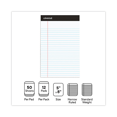Universal Premium Ruled Writing Pads with Heavy-Duty Back, Narrow Rule, Black Headband, 50 White 5 x 8 Sheets, 12/Pack (UNV57300)