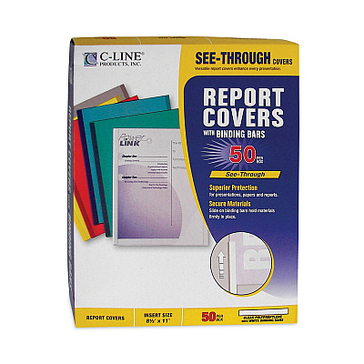 C-Line Vinyl Report Covers with Binding Bars, 0.13" Capacity,  8.5 x 11, Clear/Clear, 50/Box (CLI32457)