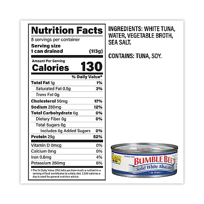 Bumble Bee Solid White Albacore Tuna in Water, 5 oz Can, 8/Pack (GRR22000701)