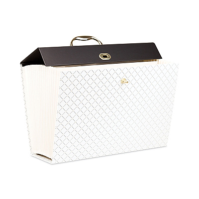 U Brands Expanding File Box, 5.25" Expansion, 19 Sections, Twist-Lock Latch Closure, 2/5-Cut Tabs, Letter Size, White/Black/Gold (UBR2201U0206)