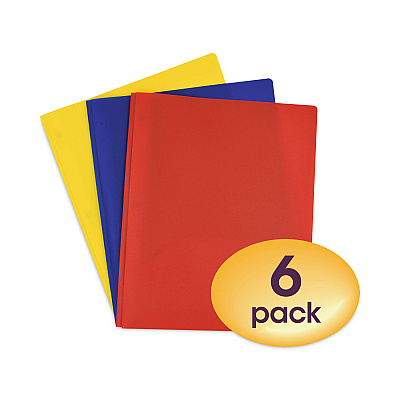 Smead Poly Two-Pocket Folder with Fasteners, 130-Sheet Capacity, 11 x 8.5, Assorted, 6/Pack (SMD87746)